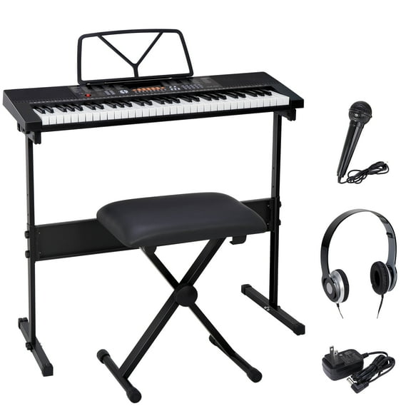 ZENY 61-Key Portable Electronic Piano LED Display Keyboard Kit W/ Music Stand, Headphones, Microphone, Black