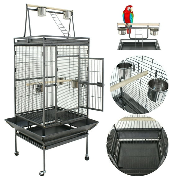 ZENY 68" Bird Cage Iron Flight birdcage Perch W/ Casters Stand, Black