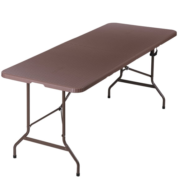 ZENY 6ft Metal Frame HDPE Folding Portable Table  Rattan Style, Brown