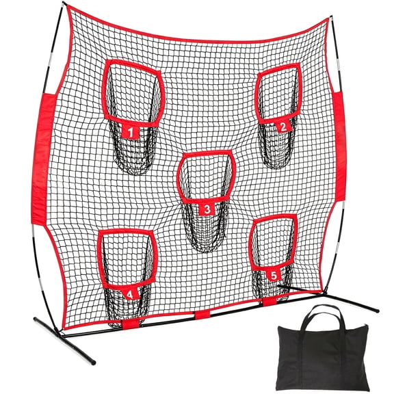 ZENY 8 x 8 FT Football Throwing Target Net with 5 Target Pockets, Quarterback Passing Accuracy Trainer with 8 Ground Stakes and Carry Bag, Red