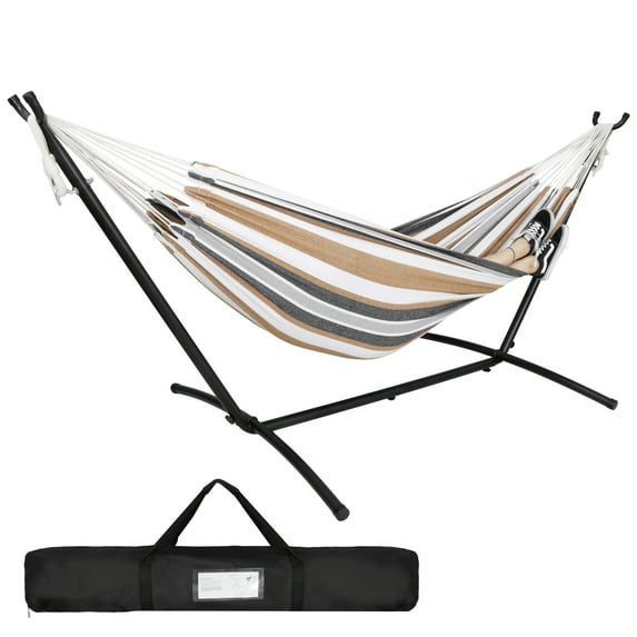 ZENY 9FT Portable 2-Person Double Hammock Metal Stand Outdoor 450lb Capacity with Carrying Bag (Tan Stripe)