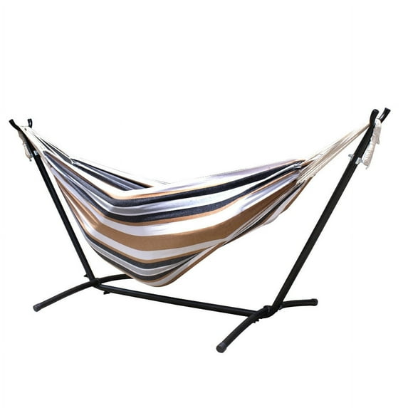 ZENY 9ft Portable Double Hammock W/ Metal Stand & Carrier, Tan Stripe