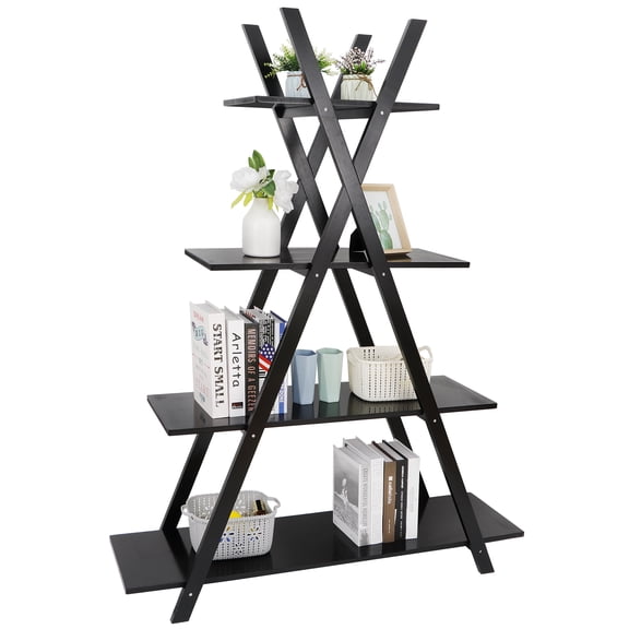 ZENY 4-Tier A-Frame Bookshelf & Wood Display Shelf for Living Room Home Office, Black
