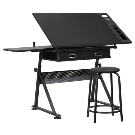 ZENY Adjustable Drafting Desk Work Station with Stool and Drawer, Black