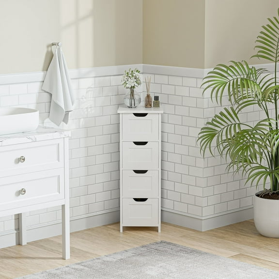 ZENY Bathroom Floor Cabinet Attractive Wooden Side Storage Organizer with 4 Drawers, White