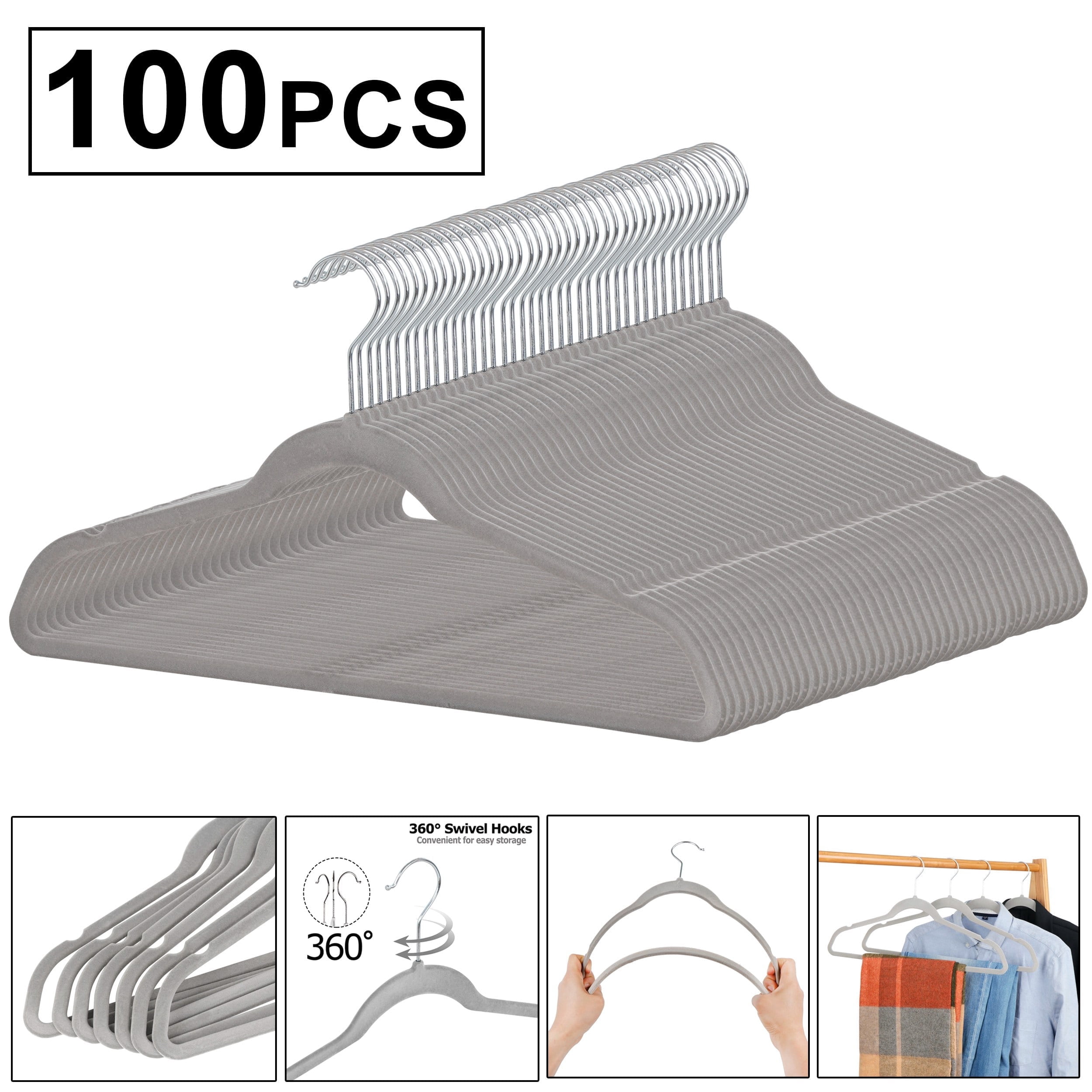 ZENY Clothes Hangers Set Flocked Velvet No-slip Durable Coat Jacket Hangers Space Saving Hangers(100pcs, Gray, Velvet)