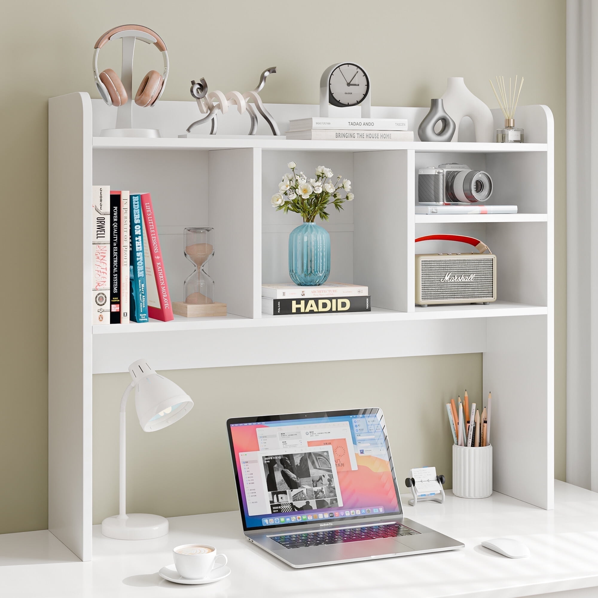 ZENY Desktop Bookshelf Storage Tabletop Display Hutch with 4 Shelves Wood Frame Freestanding Desk Organizer, White