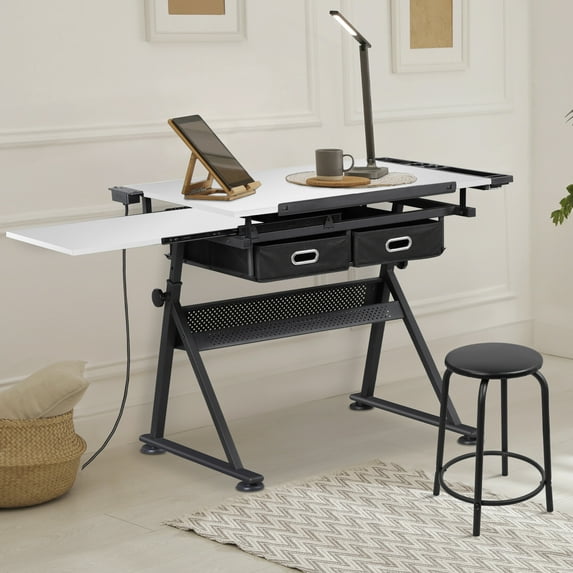 ZENY Drafting Table Art Desk with Adjustable Height, Durable Steel and Wood Construction, White