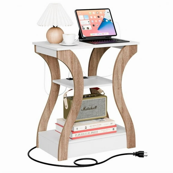ZENY End Table with Charging Station, Bedside Table with USB, 3 Tier Side Table Nightstand with Storage Shelf for Living Room Bedroom Natural White
