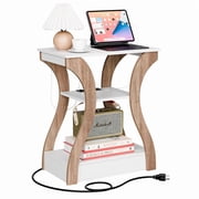 ZENY End Table with Charging Station, Bedside Table with USB, 3 Tier Side Table Nightstand with Storage Shelf for Living Room Bedroom Natural White