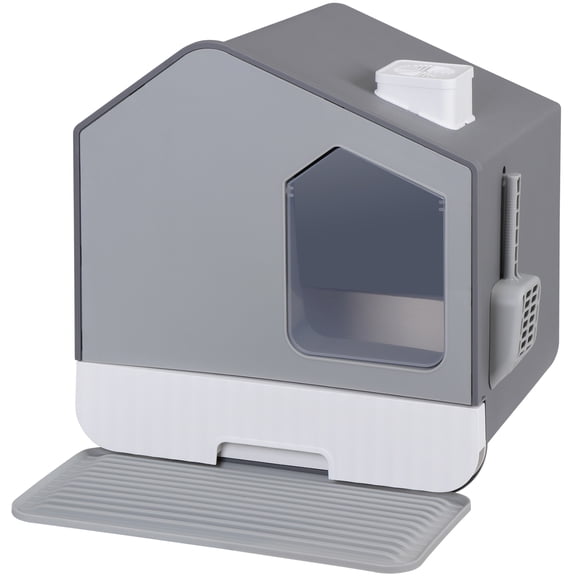 ZENY Enclosed Cat Litter Box with Drawer, Odorless Hooded Kitty Litter Pan with Mat & Scoop, Gray
