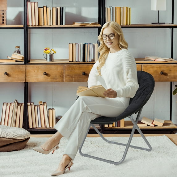 ZENY Faux Fur Saucer Chair Home Living Room Comfortable Moon Chair Solid Metal Frame - Black