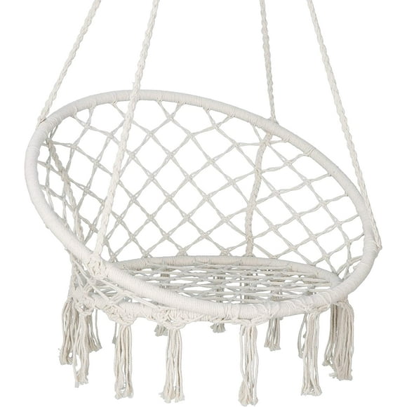 ZENY Hammock Chair Patio Graden Hanging Chairs Iron Frame Cotton Rope, Beige