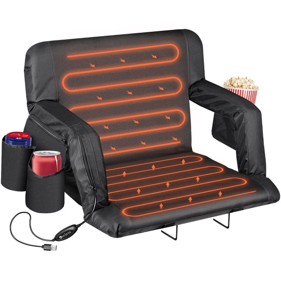 ZENY Heated Stadium Seat for Bleachers, Portable Folding Bleacher Chair with Back Support, Wide Cushion and 3-Level USB Heating, Black