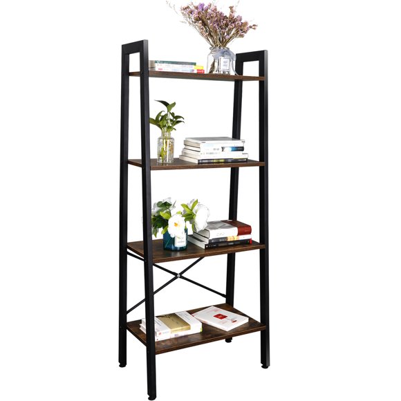 ZENY Home Ladder Shelf Metal Frame Four Tiers Modern Bookcase, 22.4 x 13", Brown