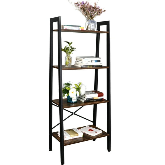 ZENY Home Ladder Shelf Metal Frame Four Tiers Modern Bookcase, 22.4 x 13", Brown
