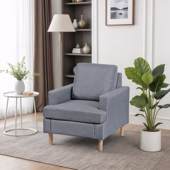 ZENY Mid Century Accent Chair, Modern Fabric Single Sofa Reading Chair with Wood Legs for Bedroom, Office(Light Grey)