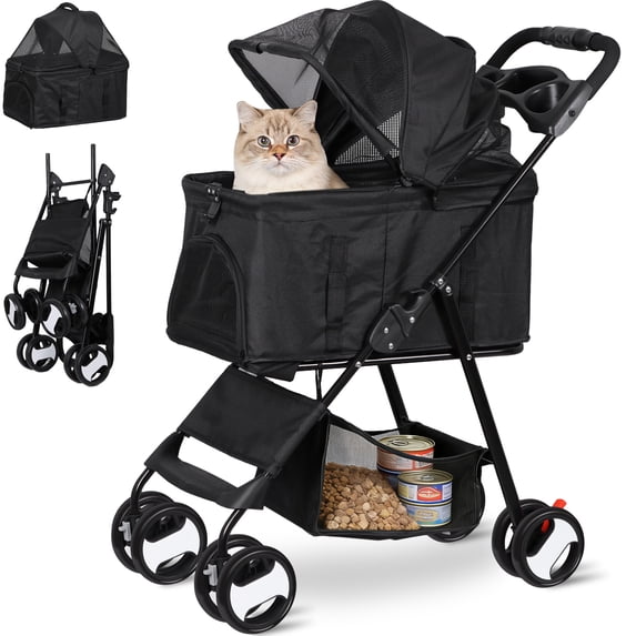 ZENY 3-in-1 Detachable Pet Stroller, Foldable Dog & Cat Stroller with Car Seat Carrier, Cup Holder & Storage Basket,Black