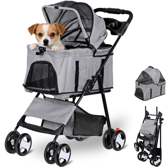 ZENY 3-in-1 Detachable Pet Stroller, Foldable Dog & Cat Stroller with Car Seat Carrier, Cup Holder & Storage Basket, Gray
