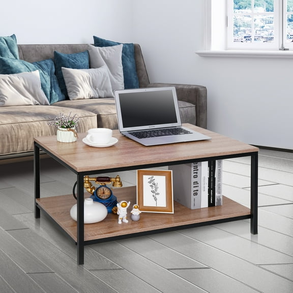 ZENY Rectangle Wood Coffee Table Metal Frame MDF Home Tea Table Desk Rustic Burlywood