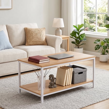 ZENY Rectangle Wood Coffee Table Metal Frame MDF Home Tea Table Desk Rustic Natural