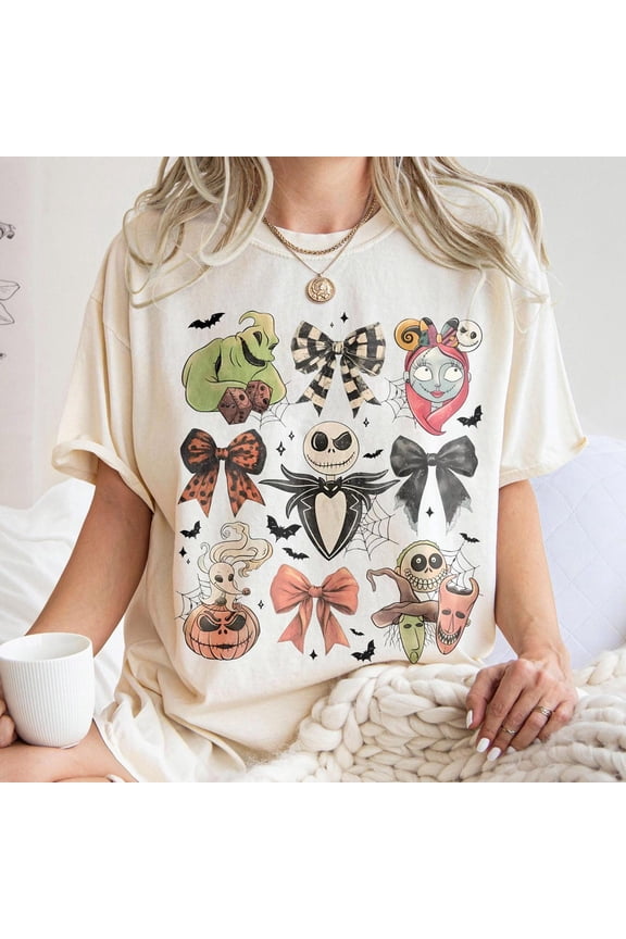 Retro Coquette Bow Nightmare Holiday Jack Skellington Costume Party Shirt SAND S-5XL