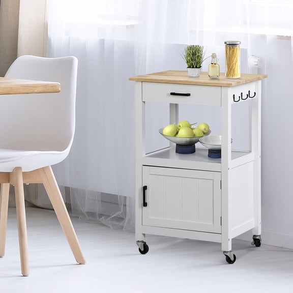 ZENY Rolling Kitchen Cart with 3 Hooks MDF Frame Microwave Stand Island, White