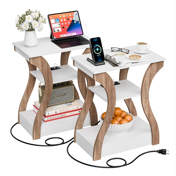 ZENY Set of Two End Table with Charging Station, Bedside Table with USB, 3 Tier Side Table Nightstand with Storage Shelf for Living Room Bedroom Natural Whtie