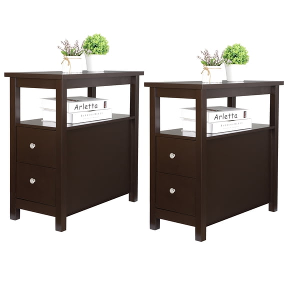 ZENY Set of 2 End Table Side Table with 2 Drawers and Shelf Sofa Table for Living Room Bedroom, Brown