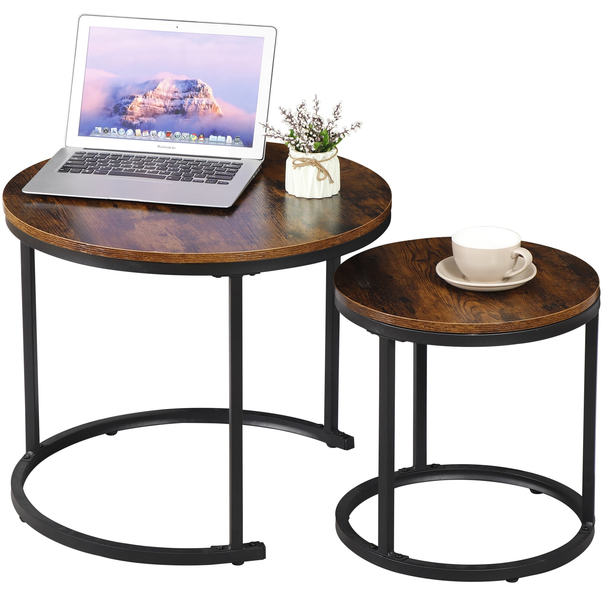 Rustic Brown Round Nesting Coffee Table Set with Metal Frame