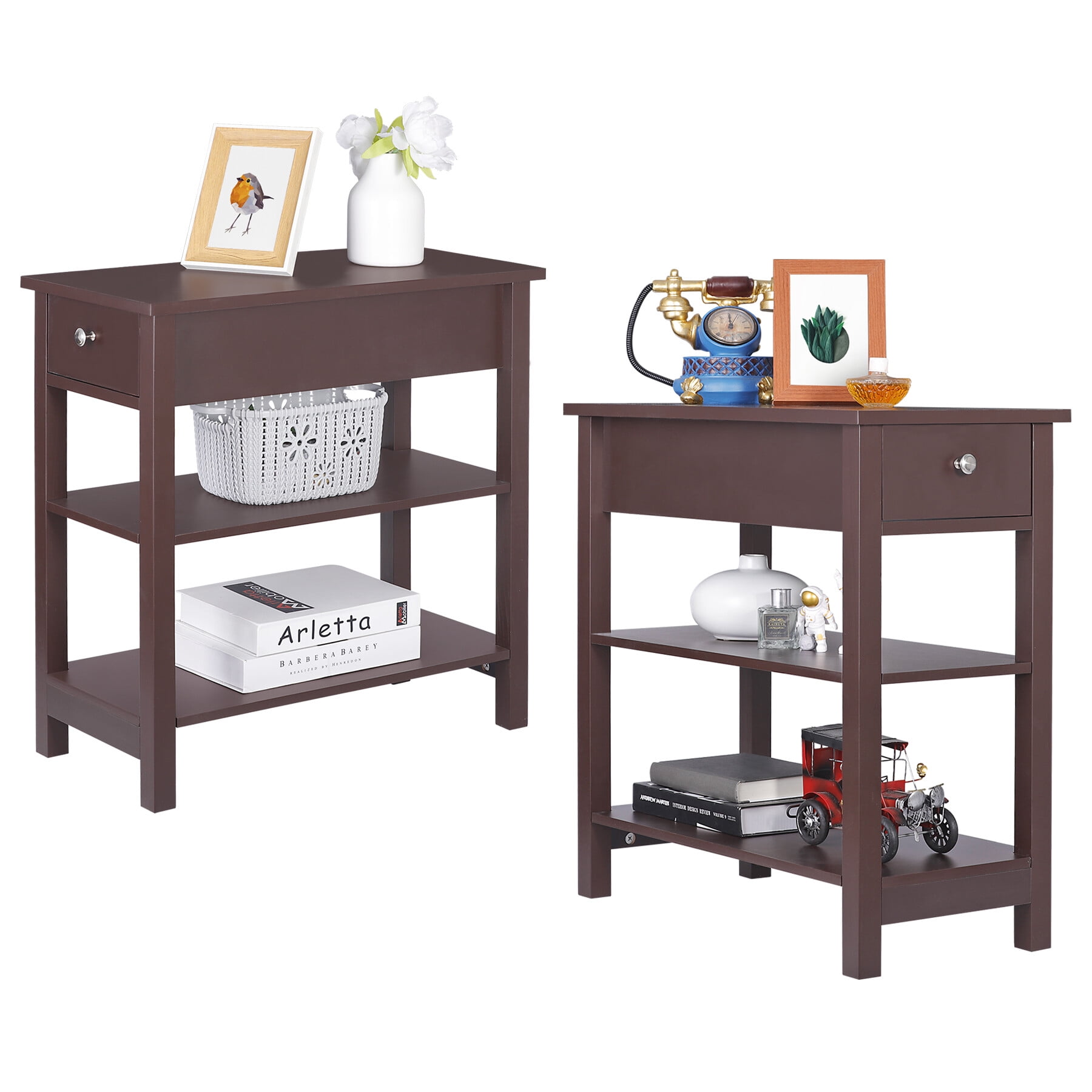 ZENY Living Room Wood Side Table Set of 2, ThreeTier Nightstands for Bedroom, Small Space