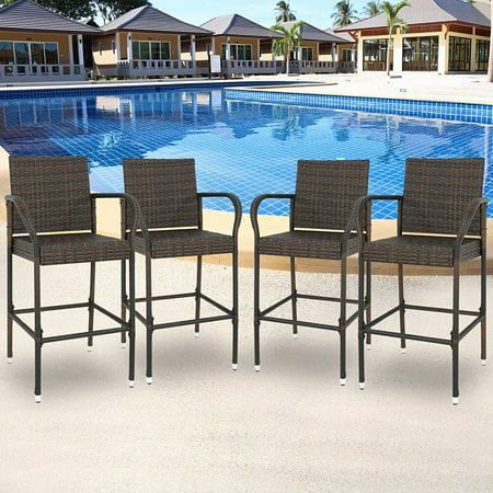 ZENY Set of 4 Wicker Bar Stool Backyard Rattan Chair Patio Chair Iron Frame, Brown