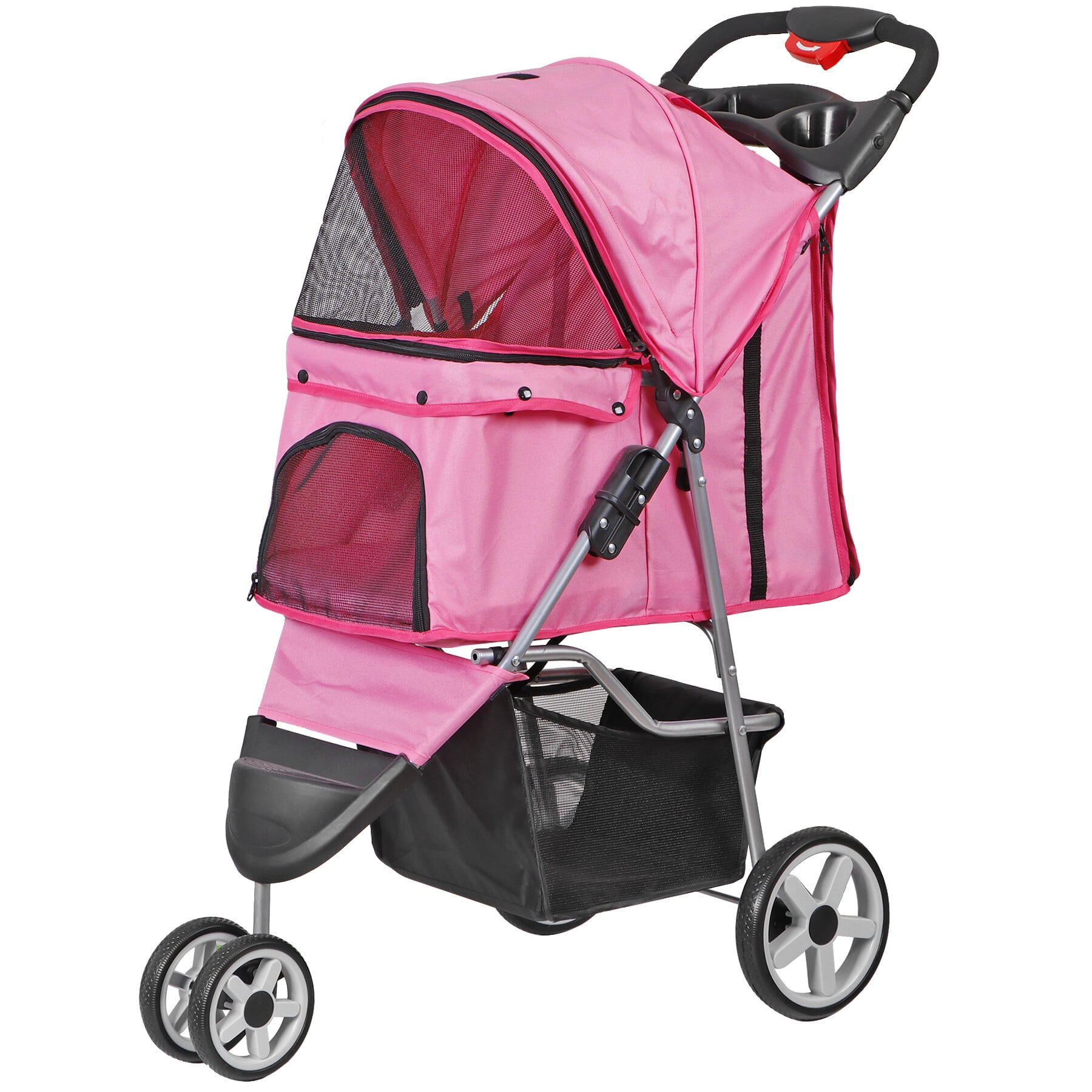 ZENY Three Wheels Pet Stroller, 360 Rotation, Folding Convertible Design, Pink
