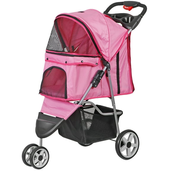 ZENY Three Wheels Pet Stroller, 360 Rotation, Folding Convertible Design, Pink