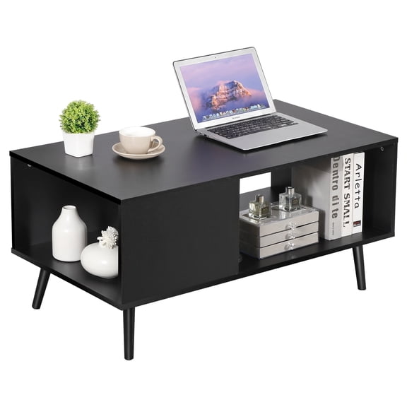 ZENY Wood Frame Mid Century Coffee Table with Open Storage Shelf Livingroom TV Table, Black