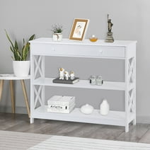 ZENY X-Design Console Table with 1 Drawer Wooden Sofa Side Table Entryway Table 2 Storage Shelves for Living Room, White