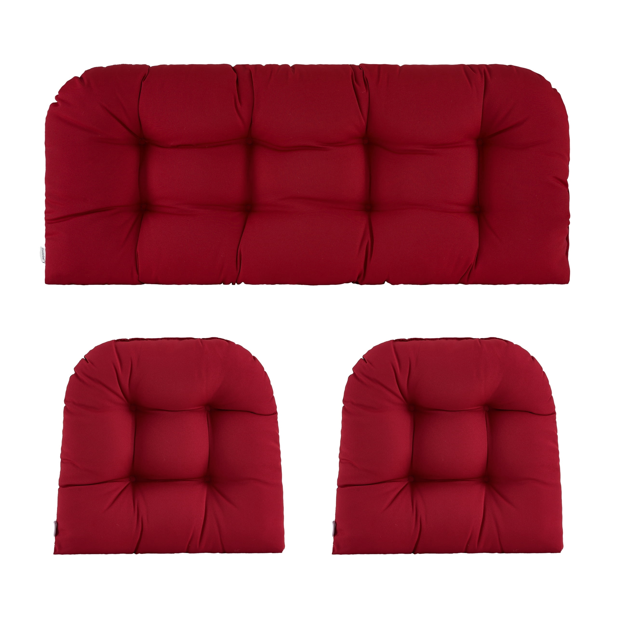 ZEOLABS Outdoor Wicker Chair Cushions of 3 Pieces Waterproof Tufted Seat Cushions set for Patio Furniture Sofa Bench Settee Couch, 1 Loveseat and 2 U-Shaped Cushions, Burgundy