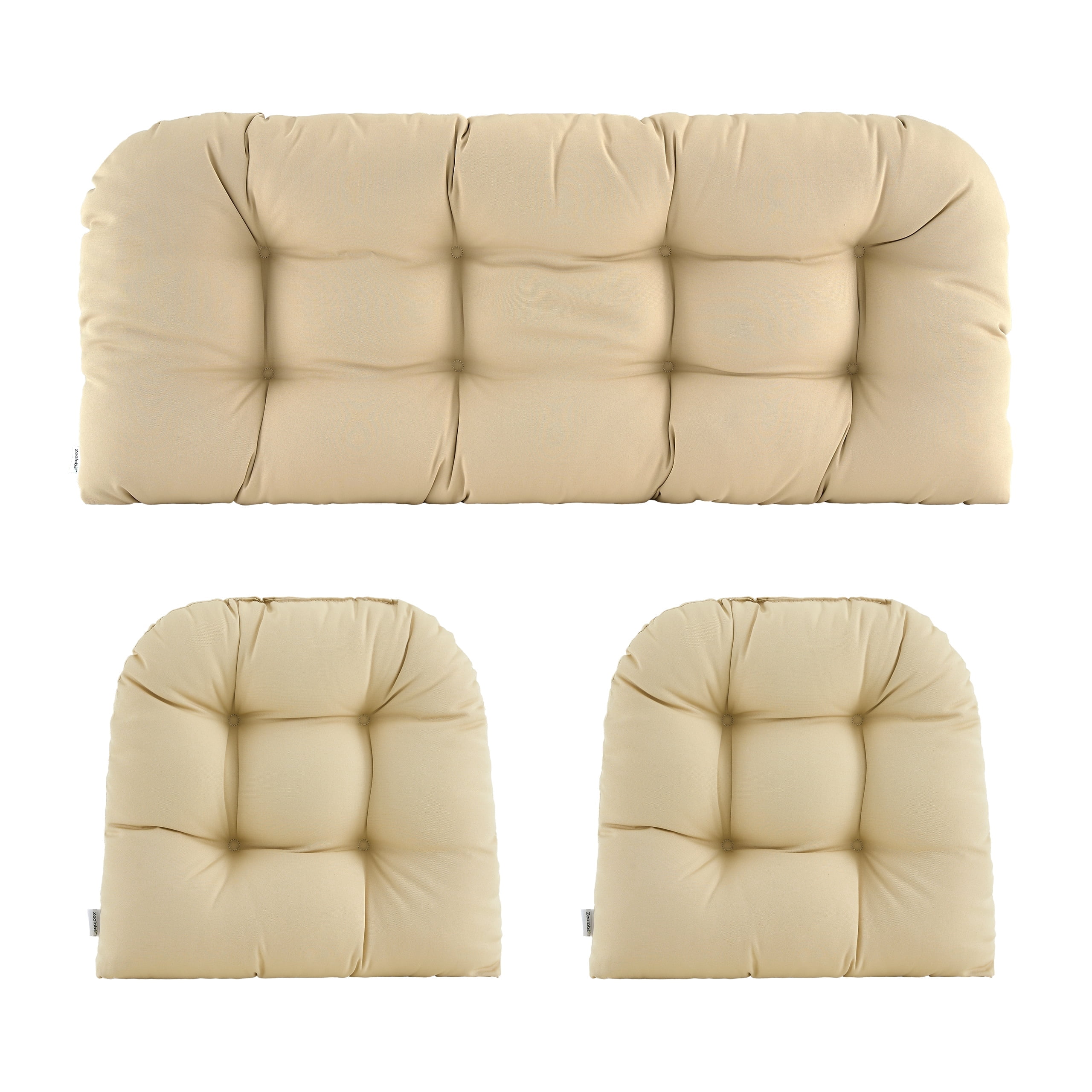 ZEOLABS Outdoor Wicker Chair Cushions of 3 Pieces Waterproof Tufted Seat Cushions set for Patio Furniture Sofa Bench Settee Couch, 1 Loveseat and 2 U-Shaped Cushions, Beige