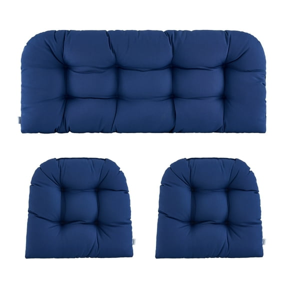 ZEOLABS Outdoor Wicker Chair Cushions of 3 Pieces Waterproof Tufted Seat Cushions set for Patio Furniture Sofa Bench Settee Couch, 1 Loveseat and 2 U-Shaped Cushions, Navy Blue