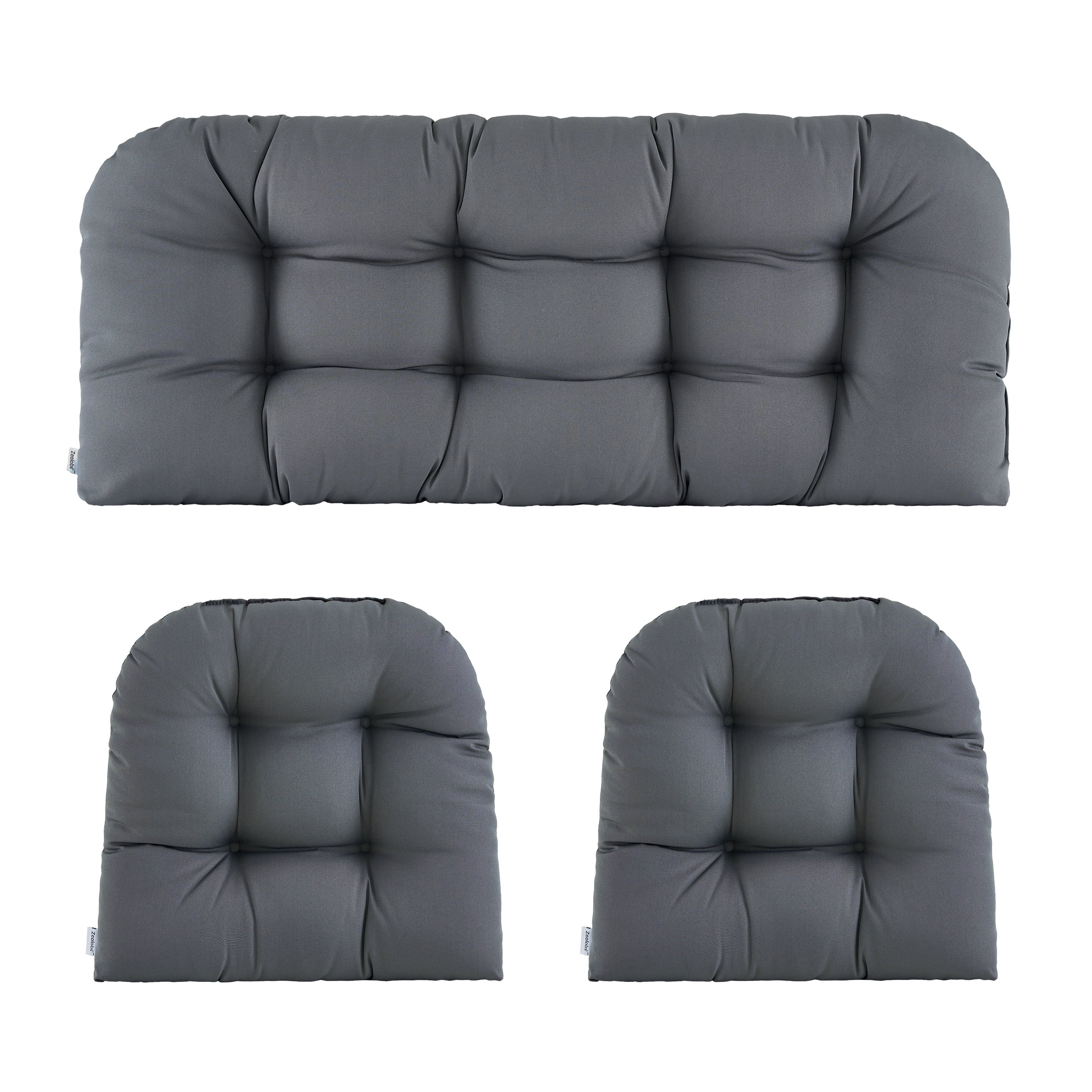ZEOLABS Outdoor Wicker Chair Cushions of 3 Pieces Waterproof Tufted Seat Cushions set for Patio Furniture Sofa Bench Settee Couch, 1 Loveseat and 2 U-Shaped Cushions, Dark Grey