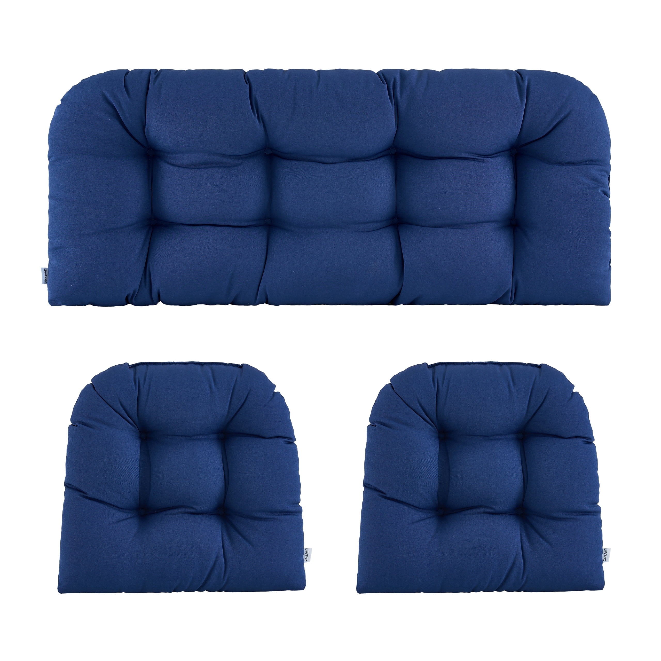 ZEOLABS Outdoor Wicker Chair Cushions of 3 Pieces Waterproof Tufted Seat Cushions set for Patio Furniture Sofa Bench Settee Couch, 1 Loveseat and 2 U-Shaped Cushions, Navy Blue