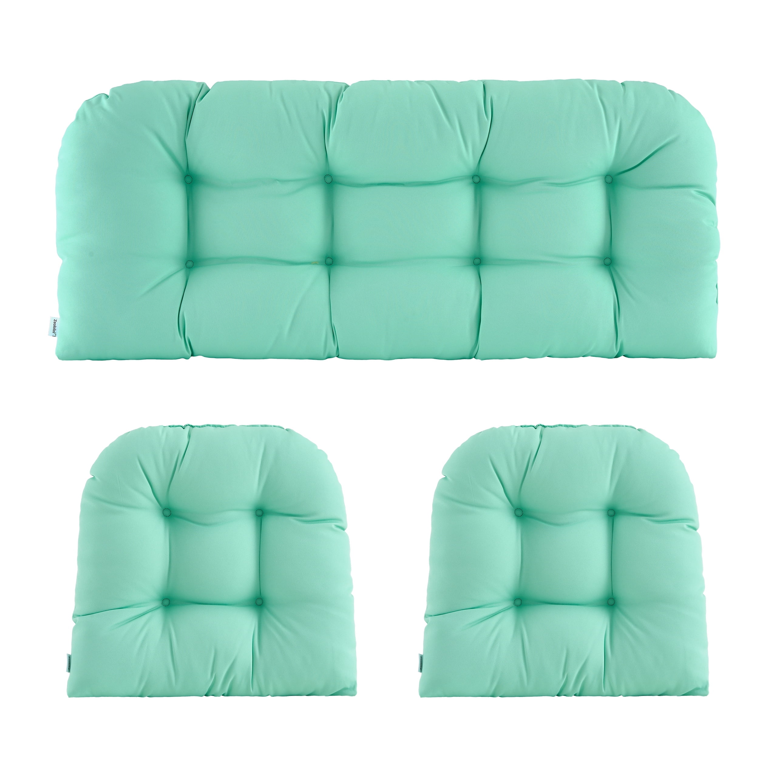ZEOLABS Outdoor Wicker Chair Cushions of 3 Pieces Waterproof Tufted Seat Cushions set for Patio Furniture Sofa Bench Settee Couch, 1 Loveseat and 2 U-Shaped Cushions, Aqua Blue