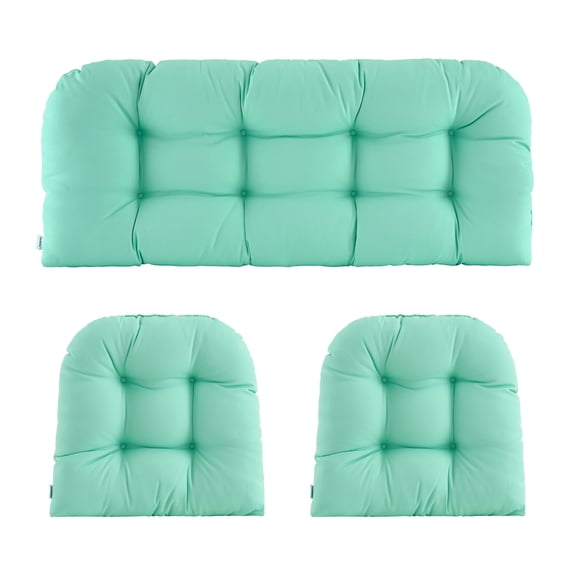ZEOLABS Outdoor Wicker Chair Cushions of 3 Pieces Waterproof Tufted Seat Cushions set for Patio Furniture Sofa Bench Settee Couch, 1 Loveseat and 2 U-Shaped Cushions, Aqua Blue