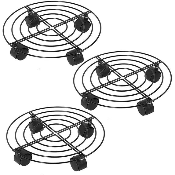 ZEONHAK 3 PCS 10.6 Inch Round Metal Plant Caddy with Wheel, Black Rolling Movable Plant Dolly, Load Capacity 120 lbs, for Indoor, Outdoor