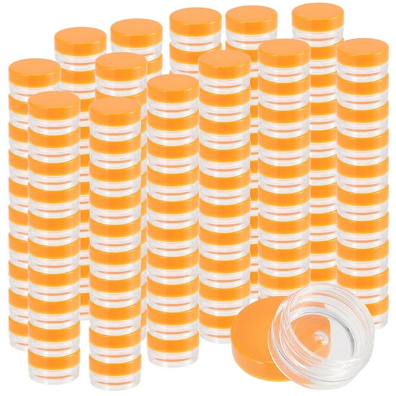 ZEONHAK 200 Pack Clear 3 Gram Jars, Empty Plastic Sample Jars with Orange Lids, Makeup Sample Containers for Lotion, Cream