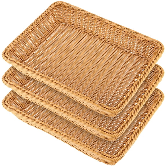 ZEONHAK 3 Pack 15.7 x 11.8 x 3.1 Inch Poly Wicker Bread Baskets, Rectangle Imitation Rattan Woven Basket, Poly Wicker Storage Baskets for Bread, Vegetable, Fruit