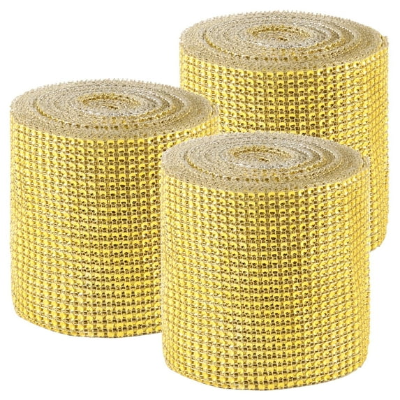ZEONHAK 3 Roll 4.7 Inch x 10 Yard Diamond Mesh Ribbon Roll, 24 Row Gold Crystal Rhinestone Ribbon Warp for Wedding
