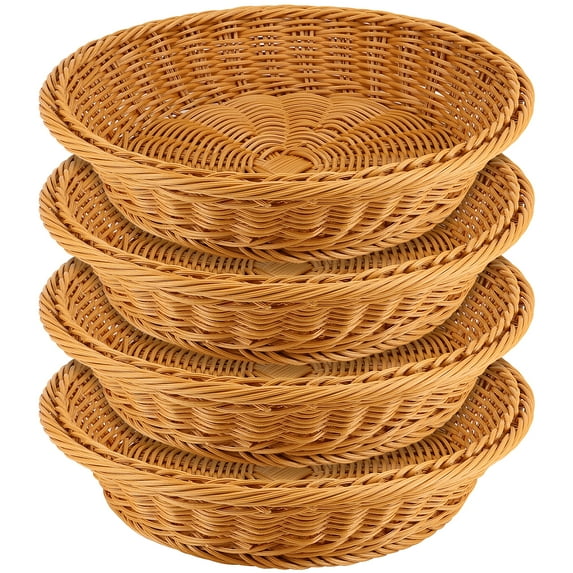 ZEONHAK 4 Pack 12 Inch Round Wicker Bread Basket, Brown Imitation Rattan Woven Basket, Round Wicker Serving Basket for Vegetables, Fruits, Snacks