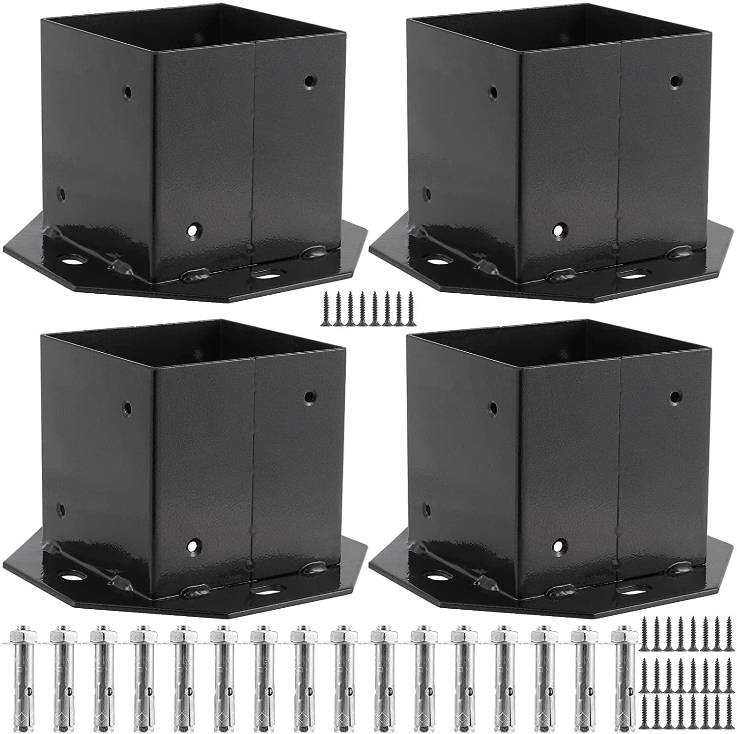ZEONHAK 4 Pack 4 x 4 Inch Post Base, Heavy Duty Fence Post Bases, Black