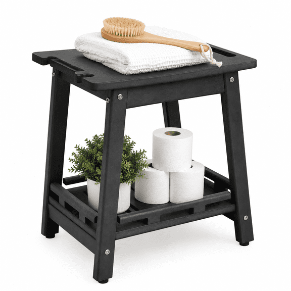 ZEOPHOL HDPE Shower Bench, Bathroom Shower Stool with Handle & Storage Shelf, Non-Slip Shower Seat for Inside Shower, Shaving Legs, Elderly & Adults Black